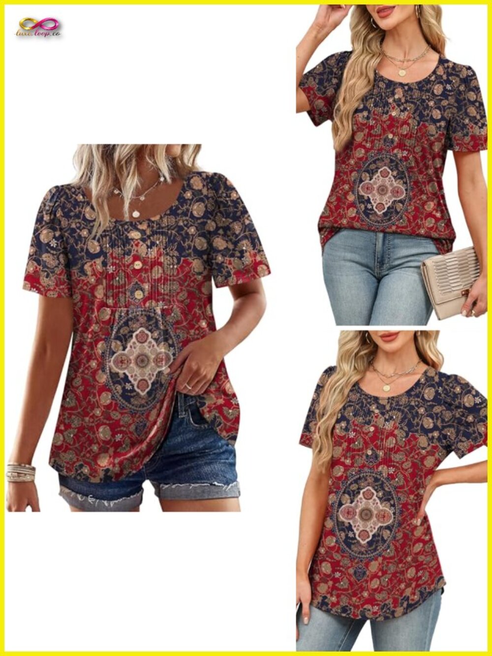 Short Sleeve Blouse with Pleated Button Front Dressy Casual Top